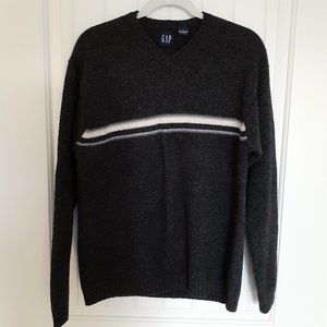 GAP Lambswool V-Neck Gray Sweater With White Stripe Size L